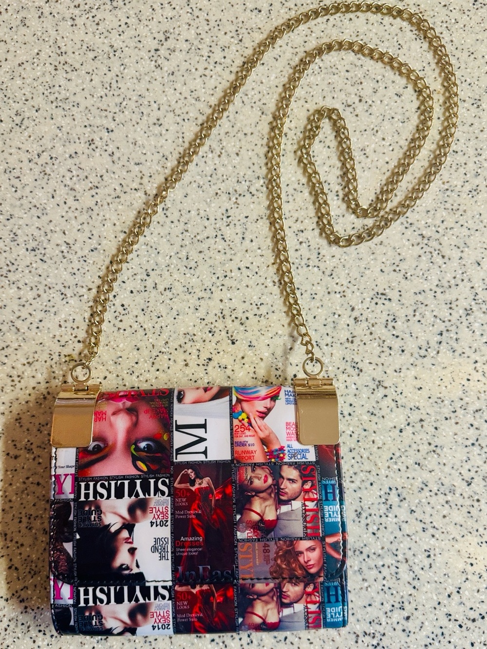 Funky Unique Multicolor Magazine-Print Chain Shoulder Bag